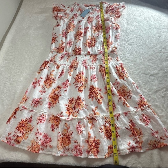 LOFT White Ruffle & Smocked Dress with Orange and Pink Floral Print Size SP - Picture 5 of 13